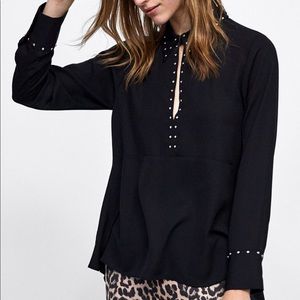 🏷NWT Zara Black Studded Long Sleeves Blouse S